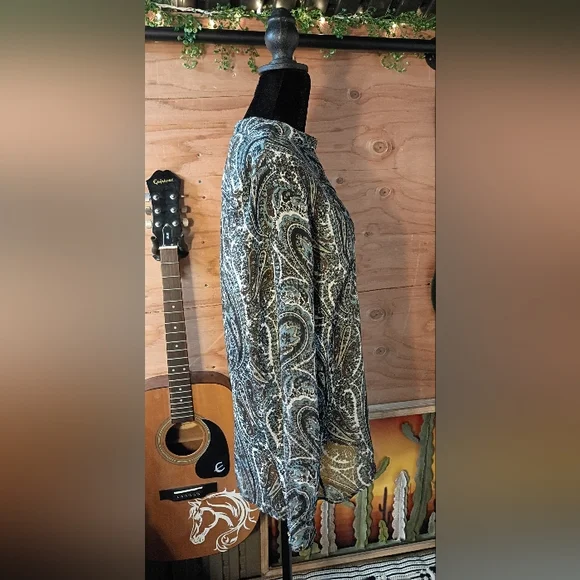 MICHAEL Michael Kors Paisley Button-Front Blouse - Blue/Earth Tones - Size M - Picture 4 of 10